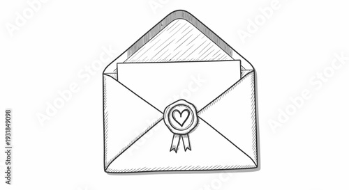 Open envelope with heart seal, line art illustration of a love letter or message on isolated white background.