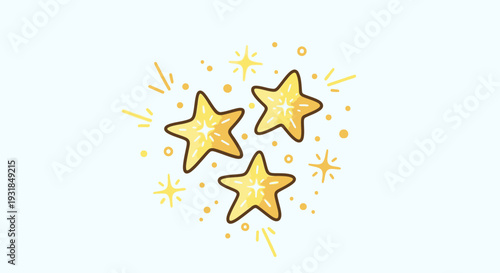 Three sparkling golden stars with glitter and magic dust in bright studio background