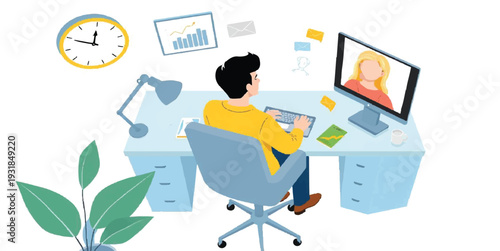 Remote Work Illustration of Man in Home Office Having Video Conference Call on Laptop with Female Colleague Online