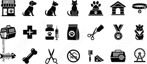 Pet shop and veterinary solid icon set with dog, cat, grooming tools, food, carrier, clinic and animal care symbols vector illustration
