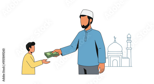 An illustration depicts a man handing money to a boy in front of a mosque showcasing cultural generosity silhouette