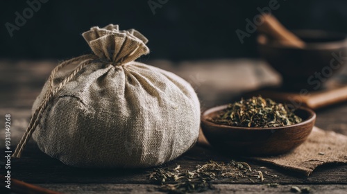 poultice. Herbal poultice wrapped in linen cloth beside a wooden bowl of dried herbs, natural remedy concept. menu design.
