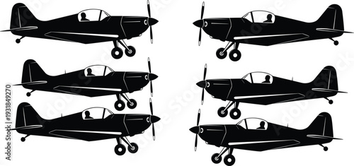 Black and white of six airplanes silhouette