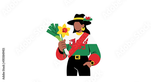 Illustration of a Man in Traditional Costume Holding Flowers. Vector Illustrations. EPS Editable