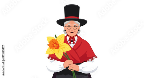 Illustration of woman holding daffodils wearing traditional clothing. Vector Illustrations. EPS Editable