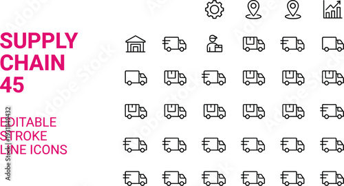 Supply chain and logistics line icon set with delivery trucks, warehouse, tracking, location and distribution symbols editable stroke vector illustration