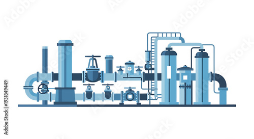 Industrial Factory Illustration with Pipes and Tanks. Vector Illustrations. EPS Editable