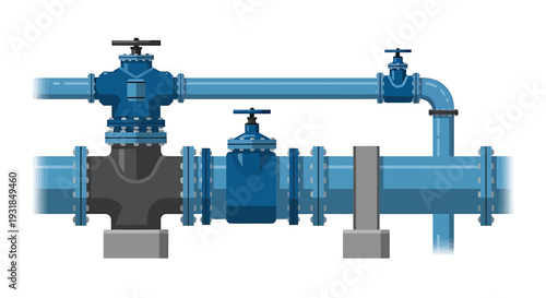 Industrial Water Pipe System with Valves and Fittings. Vector Illustrations. EPS Editable