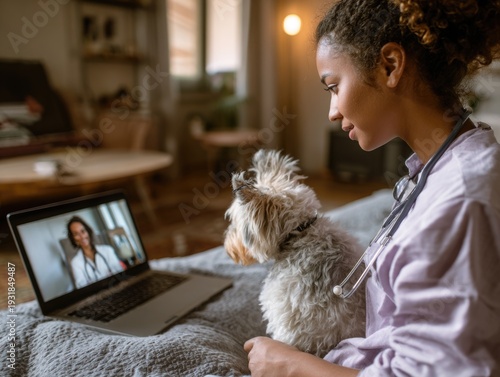 Online consultation with veterinarian. Veterinary doctor checking pet in conference call. AI Generated