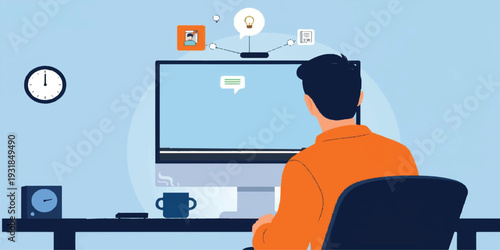 Creative Professional Working at Desktop Computer Thinking of New Business Ideas and Digital Marketing Solutions Flat Illustration