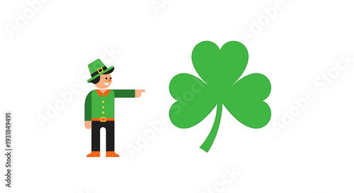 Leprechaun Character Pointing Towards a Large Green Shamrock Symbol. Vector Illustrations. EPS Editable