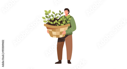 Man Holding Basket of Green Plants. Vector Illustrations. EPS Editable