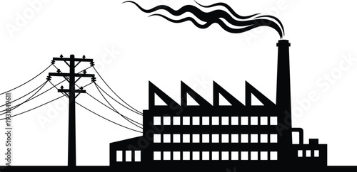 Black silhouette of industrial factory building with smoking chimney and power lines smoke
