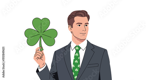 Man holding four leaf clover in suit. Vector Illustrations. EPS Editable