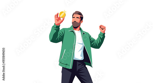 Man holding lemons and smiling happily outdoors. Vector Illustrations. EPS Editable