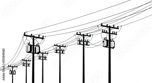 Black silhouette of power lines and utility poles on white background black and white electricity