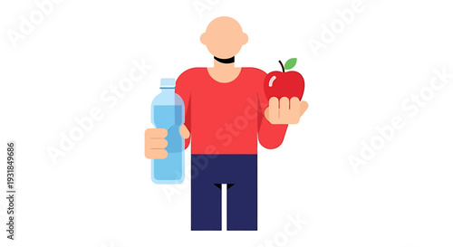 Man holding water bottle and apple. Vector Illustrations. EPS Editable