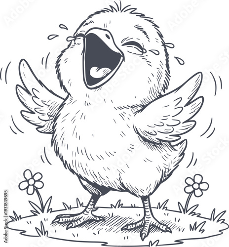 hand drawn style illustration of a cute chick bird crying with happiness in a meadow with flowers no white fill included black drawing sketch symbol icon