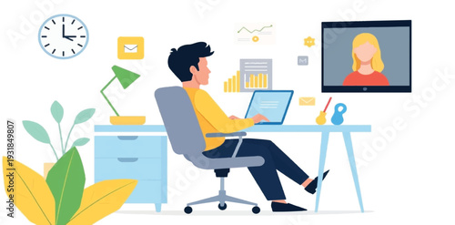 Remote Work Illustration of Man in Home Office Having Video Conference Call on Laptop with Female Colleague Online