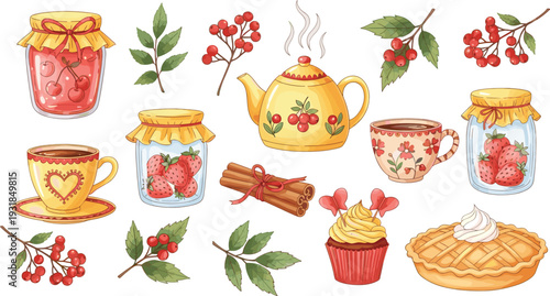 Cozy Strawberry Tea Time Collection with Jam Teapot Cupcake Pie and Rustic Kitchen Elements Vector Illustration