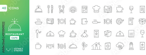 Restaurant & Cafe Line Icons Set – 40 Editable Stroke Outline Icons for Dining, Menu, Chef, Coffee, Table Service and Food Packaging UI Design