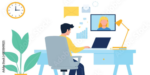 Remote Work Concept Illustration: Professional Man in Home Office Having Virtual Meeting and Video Call with Colleague