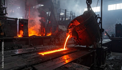 A glowing strip of molten metal moving along a conveyor in a dark steel manufacturing facility with heavy industrial machinery.