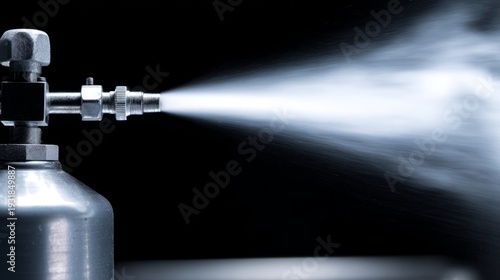 canister. Gas canister valve releasing forceful vapor burst, metallic industrial dynamic detail. safety posters, maintenance manuals, designed for industrial assembly lines and welding operations.
