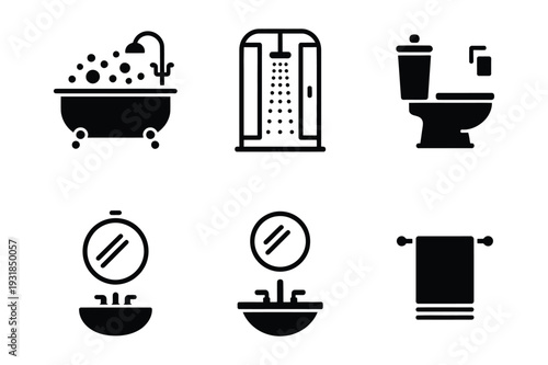 Bathroom and Hygiene Icons: Tub, Shower, Toilet, Sink, Towel