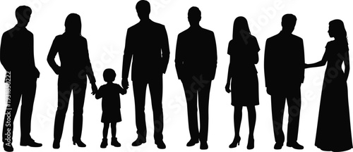 Black silhouette vector illustration of diverse group of adults and child standing together holding hands, symbolizing family, unity, diversity, and social gathering