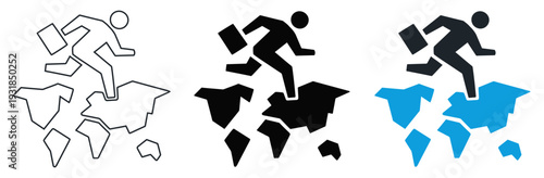 Modern Global Business Traveler Icon Set with Businessman Character and World Map Elements