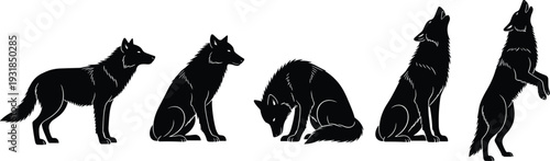 Black silhouettes of five wolves in different poses wolf dogs
