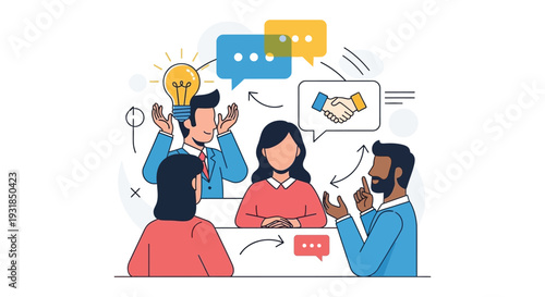A business meeting with a handshake lightbulb and speech bubbles illustrates collaboration and ideas silhouette high quality professional detailed modern