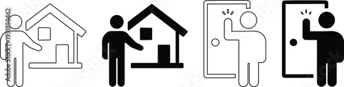 Man Knocking on Door and Visiting Home Icon Set, Vector Illustration for Real Estate App