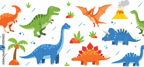 Cute Dinosaur Collection with T Rex Stegosaurus Triceratops Pterodactyl and Volcano Cartoon Vector Illustration Set