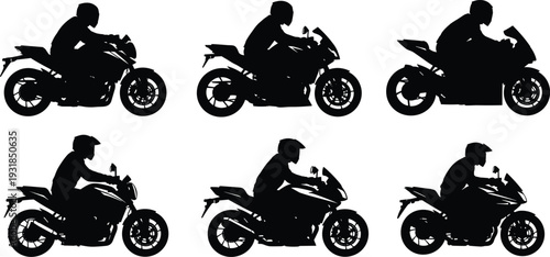 Black silhouettes of motorcyclists riding motorcycles white background