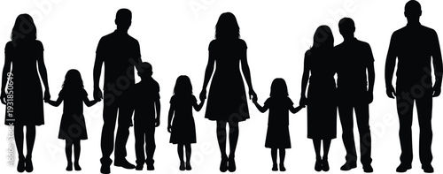 Black silhouette vector illustration of family and community group with adults and children holding hands together, symbolizing unity, connection, relationships