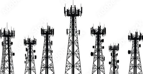 Black silhouettes of multiple cell towers on white background telecommunications