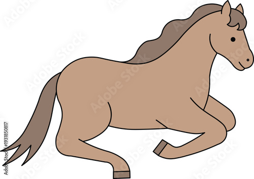A simple cartoon illustration of a brown horse with a darker mane and tail, depicted in a running or trotting motion on a plain background.