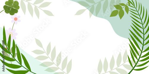 Modern tropical leaves background featuring green botanical elements with clean copy space composition. Perfect for banner design, branding, social media, advertising, presentation, packaging