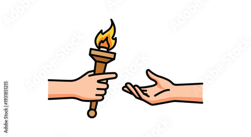 A stylized illustration depicts hands exchanging a flaming torch symbolizing hope and knowledge utilizing a silhouette high quality professional detailed modern