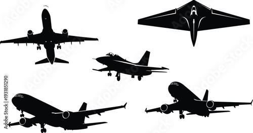 Black silhouettes of various airplanes on white background aircraft
