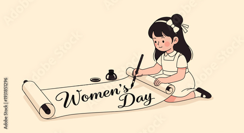 Womens Day Girl Writing on Scroll with Ink Pen Illustration
