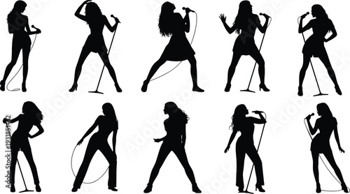 Black silhouette vector illustration of female singers performing with microphones, dynamic stage poses, expressive music icons, concert energy, and entertainment artwork