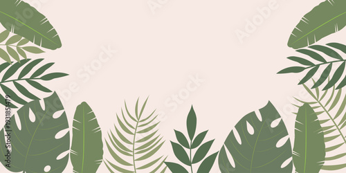 Modern tropical leaves background featuring green botanical elements with clean copy space composition. Perfect for banner design, branding, social media, advertising, presentation, packaging