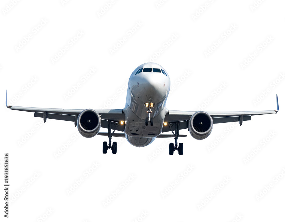 Fototapeta premium Airplane approaching for landing with extended landing gear and engines visible
