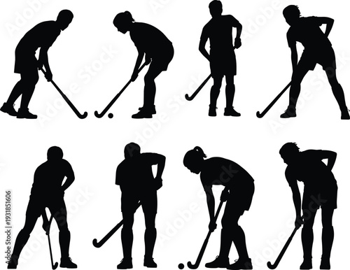 Black silhouette vector illustration of field hockey players in action poses, sports icons, athletic movement symbols, training design, and gameplay artwork