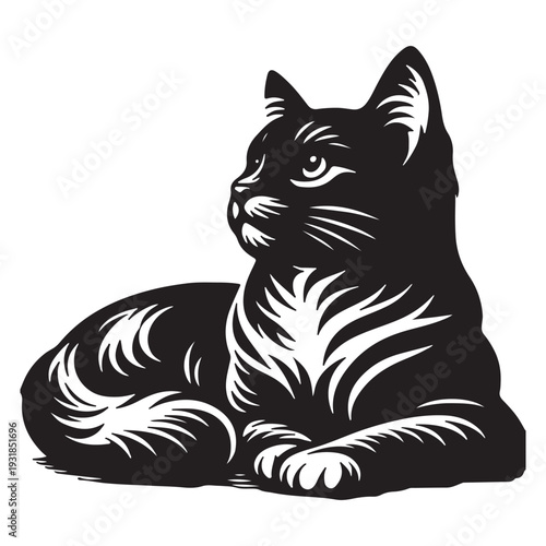 Black and white striped cat sitting relaxed vector illustration flat design
