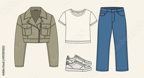 Vector illustration of a collection of clothes including blue jeans shirts jackets and children clothing in a casual fashion style