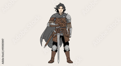 Vector illustration of a hooded girl warrior wearing a black dress and coat holding a sword in a fantasy cartoon style